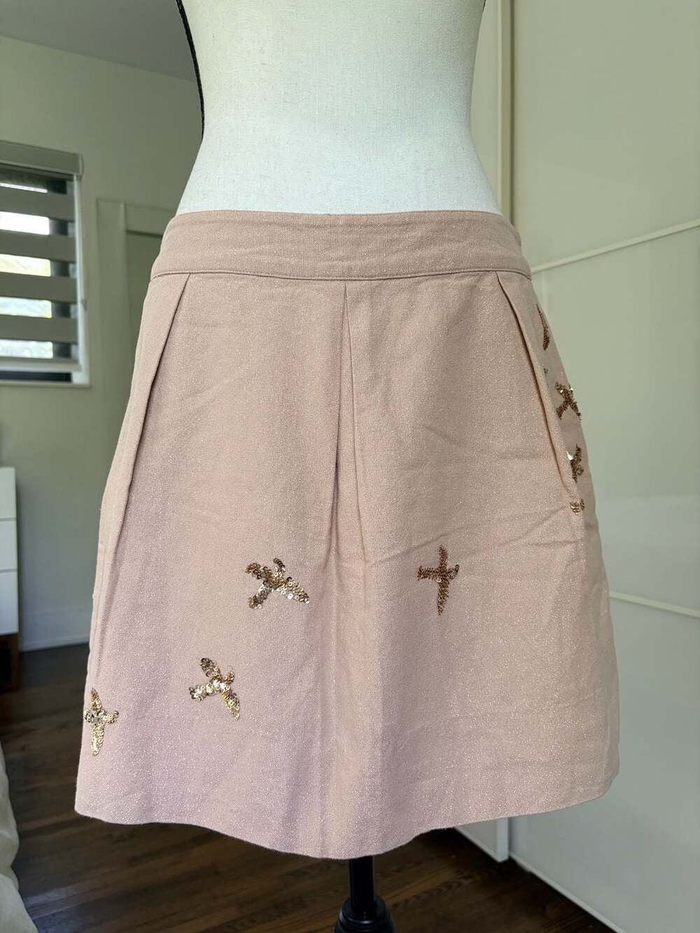 Anthropologie Leifnotes Migration Sequin Bird Pink Metallic Mini Skirt Size 8